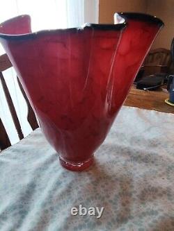 The Glass Forge Handblown Art Glass 8 Flute Vase Red Marbled BEAUTY vintage