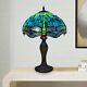 Tiffany Table Lamp 16 Inch Green Dragonfly Style Stained Glass Green