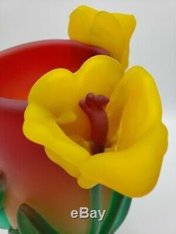 Tommie Rush Glass Three Tulip Flower Blown Art Vase Signed Heavy