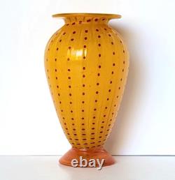 Transjo Hytta Signed Art Glass Vase Orange with Red Polka Dots 5.5in Sweden