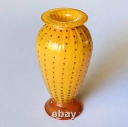 Transjo Hytta Signed Art Glass Vase Orange with Red Polka Dots 5.5in Sweden