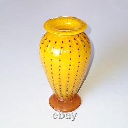 Transjo Hytta Signed Art Glass Vase Orange with Red Polka Dots 5.5in Sweden