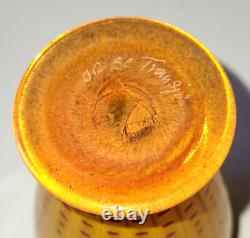 Transjo Hytta Signed Art Glass Vase Orange with Red Polka Dots 5.5in Sweden