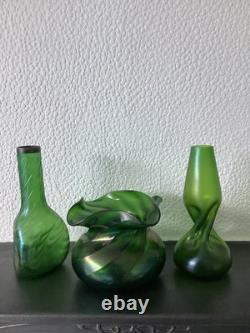 Trio Of Bohemian Iridescent Glass Vases. Loetz or Kralik c. 1900