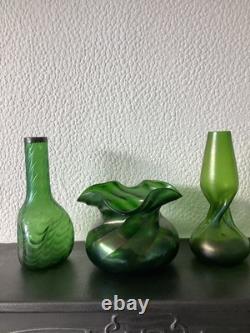 Trio Of Bohemian Iridescent Glass Vases. Loetz or Kralik c. 1900