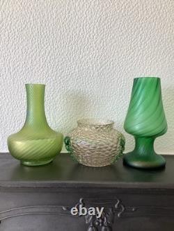 Trio of Bohemian, Art Nouveau, Iridescent Kralik Vases. Circa 1900. VGC