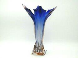 Twisted Murano art glass vase blue amber vintage 1960s Flavio Poli Mid Century