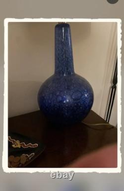 Unmarked Blue Textured Art Glass Vase, Abstract Pattern, Glossy Finish