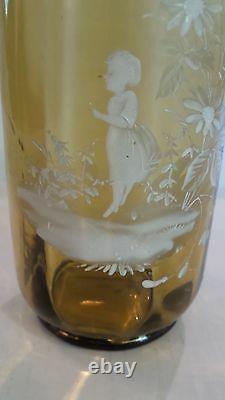 Unusual Antique Moser Golden Topaz Art Glass Mary Gregory Enamel Decoration