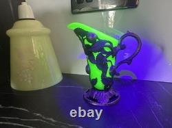 Uranium Art Nouveau Vase with Metal Base Green Glass Antique