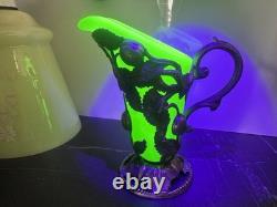 Uranium Art Nouveau Vase with Metal Base Green Glass Antique