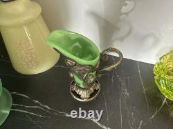 Uranium Art Nouveau Vase with Metal Base Green Glass Antique
