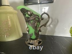 Uranium Art Nouveau Vase with Metal Base Green Glass Antique