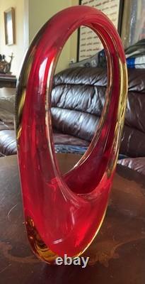 VINTAGE 60-70sMURANO SOMMERSO RUBY RED AMBER SCULPTURE BASKET BOWL 11inches