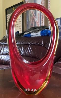 VINTAGE 60-70sMURANO SOMMERSO RUBY RED AMBER SCULPTURE BASKET BOWL 11inches