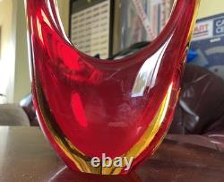 VINTAGE 60-70sMURANO SOMMERSO RUBY RED AMBER SCULPTURE BASKET BOWL 11inches