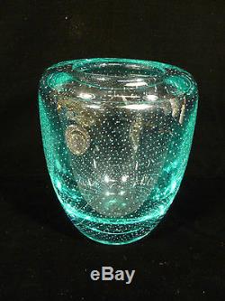 VINTAGE VAL ST LAMBERT AQUA TEAL BUBBLE ART GLASS VASE With ORIGINAL LABEL