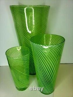 VIntage MURANO hand blown glass vase Filligrana green MCM set of 3/3