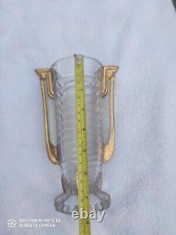 Val-St-Lambert Luxval Marcelle Art Deco Vase, Clear Glass Gold Gilt Vase, Cele