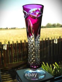 Val St Lambert Patrick J Depuydt Crystal Glass Cranberry Clear Cut Fushia Vase