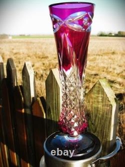 Val St Lambert Patrick J Depuydt Crystal Glass Cranberry Clear Cut Fushia Vase