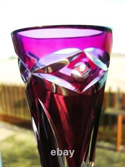 Val St Lambert Patrick J Depuydt Crystal Glass Cranberry Clear Cut Fushia Vase