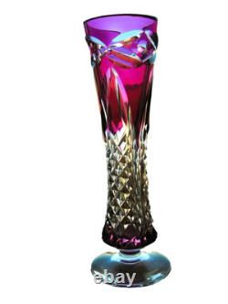 Val St Lambert Patrick J Depuydt Crystal Glass Cranberry Clear Cut Fushia Vase