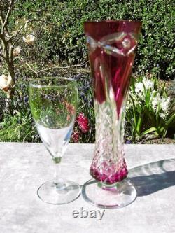 Val St Lambert Patrick J Depuydt Crystal Glass Cranberry Clear Cut Fushia Vase