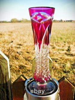 Val St Lambert Patrick J Depuydt Crystal Glass Cranberry Clear Cut Fushia Vase