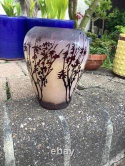 Vase Acid Etched Cut 7 Tall Trees Cameo Glass Amethyst Beige Art Nouveau Style