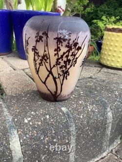 Vase Acid Etched Cut 7 Tall Trees Cameo Glass Amethyst Beige Art Nouveau Style