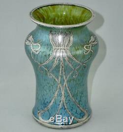 Vase Loetz Widow Cobalt Creta Papillon Silver Overlay, Art Nouveau, 1900