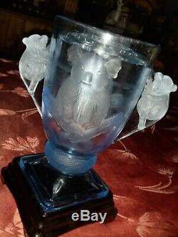Very Rare Art Deco Blue Frosted Koalas Clear Vase on Stand with Flower Frog