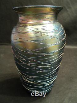 Victor DURAND Blue Iridescent Threaded Art Glass Vase
