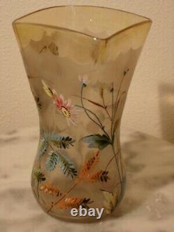 Victorian Midwest Pomona Floral Enameled Art Glass Celery Vase