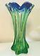 Vintage 11 Murano Art Glass Blue & Green Twisted Swirl Vase With Color Stripes