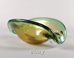 Vintage 1950s Green & Amber Ombre Murano Glass Clam Shell Bowl