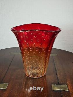 Vintage 1960's Venetian Murano Hand Blown Red And Gold Bullicante Art Glass Vase