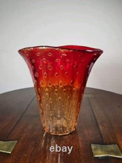 Vintage 1960's Venetian Murano Hand Blown Red And Gold Bullicante Art Glass Vase