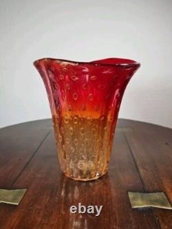 Vintage 1960's Venetian Murano Hand Blown Red And Gold Bullicante Art Glass Vase