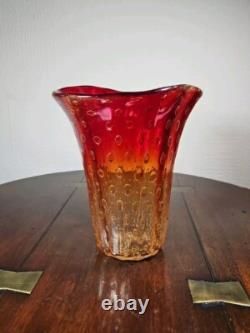 Vintage 1960's Venetian Murano Hand Blown Red And Gold Bullicante Art Glass Vase
