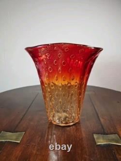 Vintage 1960's Venetian Murano Hand Blown Red And Gold Bullicante Art Glass Vase