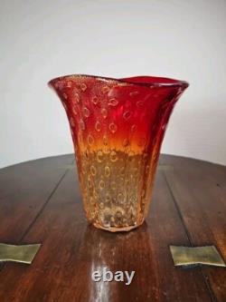 Vintage 1960's Venetian Murano Hand Blown Red And Gold Bullicante Art Glass Vase