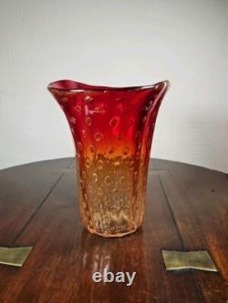 Vintage 1960's Venetian Murano Hand Blown Red And Gold Bullicante Art Glass Vase