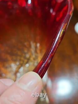 Vintage 1960's Venetian Murano Hand Blown Red And Gold Bullicante Art Glass Vase