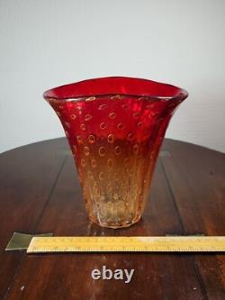 Vintage 1960's Venetian Murano Hand Blown Red And Gold Bullicante Art Glass Vase