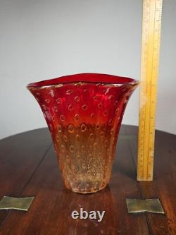 Vintage 1960's Venetian Murano Hand Blown Red And Gold Bullicante Art Glass Vase