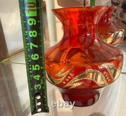 Vintage 1970's Venetian Murano Hand Blown Red And Gold Bullicante Art Glass Vase
