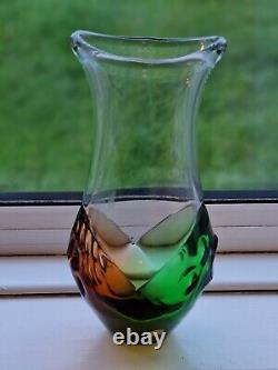 Vintage 1970s Bohemia Frantisek Spinar Skrdlovice Green & Amber Art Glass Vase