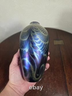 Vintage 1980's Iridescent Studio Glass Artist Signed Vase 18.6 cm